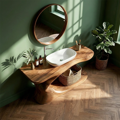 Elegant brown wooden vanity with flowing wood base