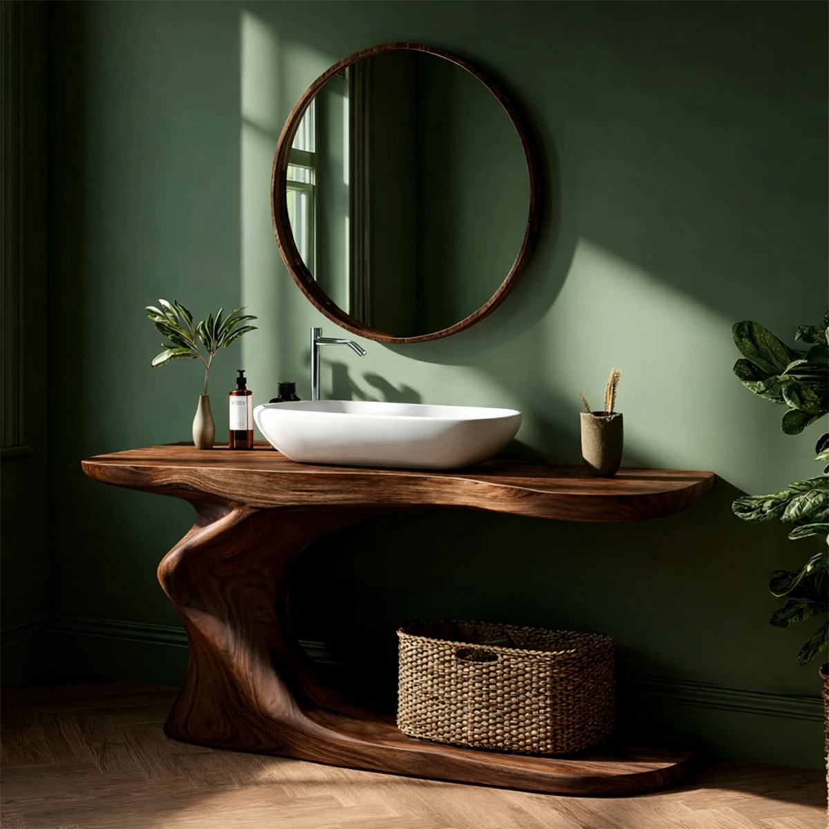 Designer walnut bathroom vanity with curved shelf