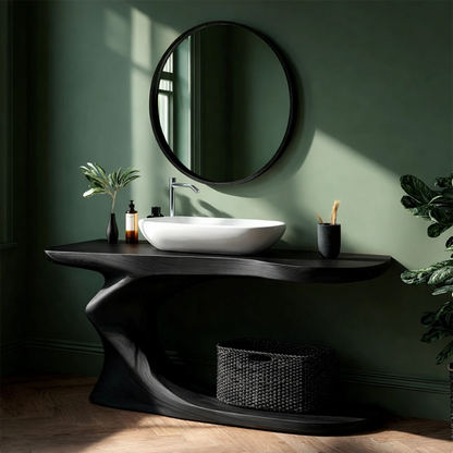Stylish black bathroom vanity with organic curve base