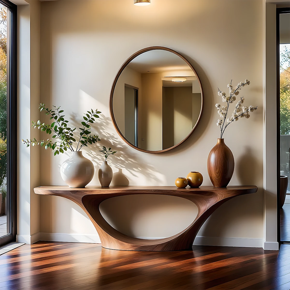 Contemporary brown wood console table with oval bridge base