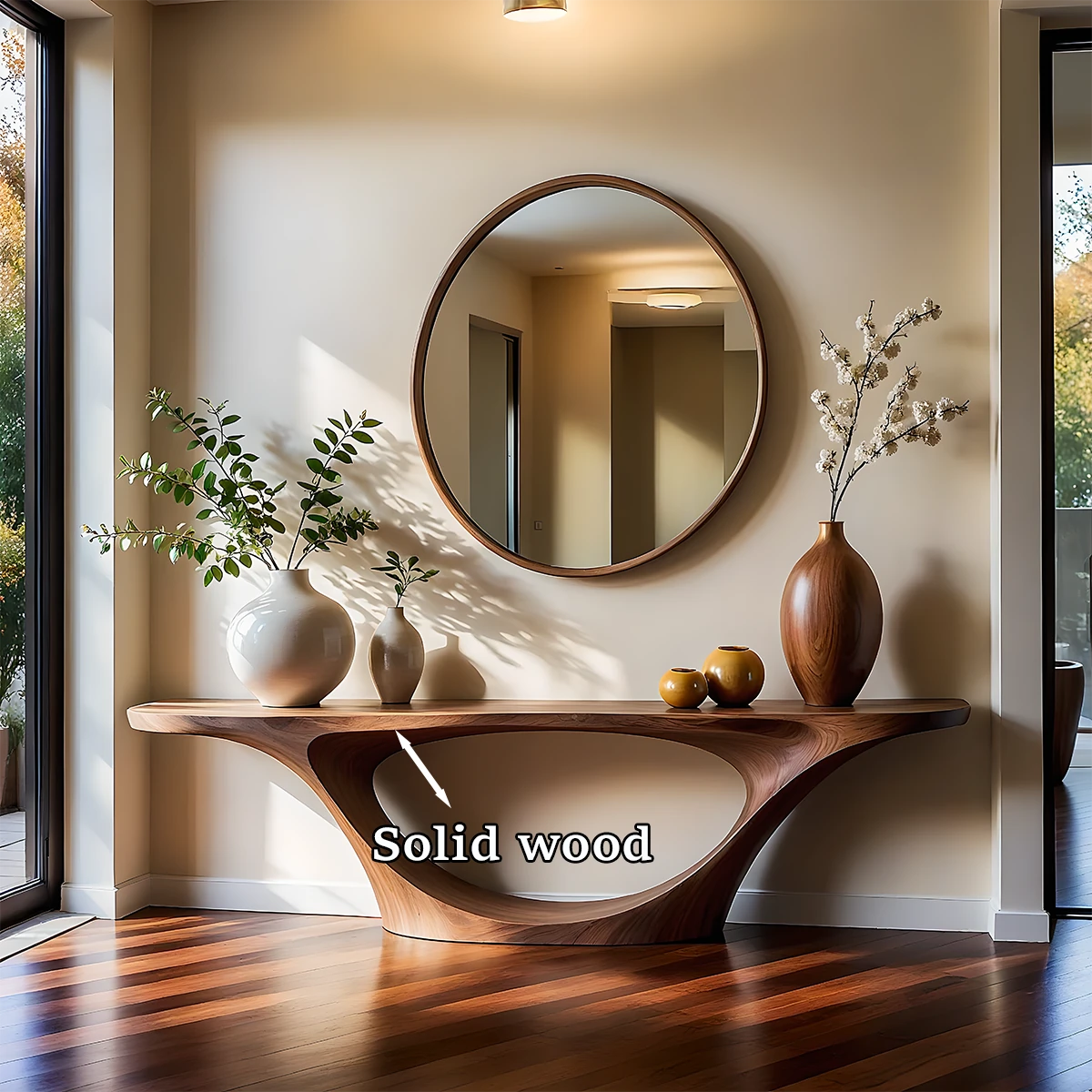 Handcrafted brown wood console table with hollow support