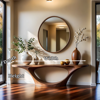 Minimal brown wood console table with curved bridge base