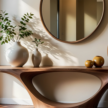 Elegant brown wood console table with curved oval support