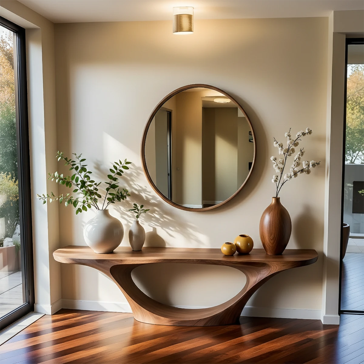 Artistic brown wood console table with hollow wood base