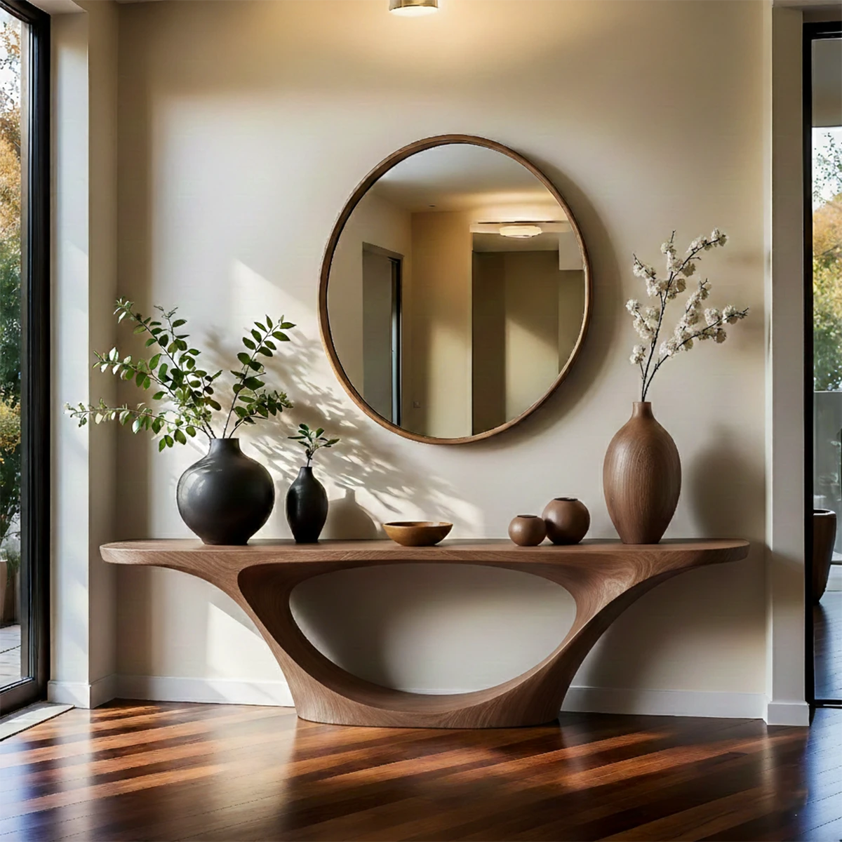 Luxury brown wood console table with oval pedestal