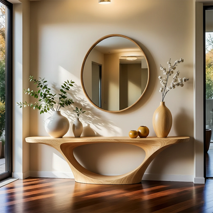 Solid brown wood console table with sculpted bridge base