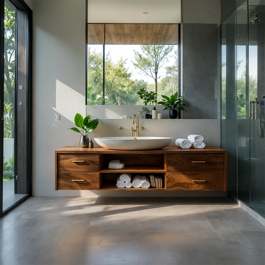 Contemporary teak floating bathroom vanity with center shelf