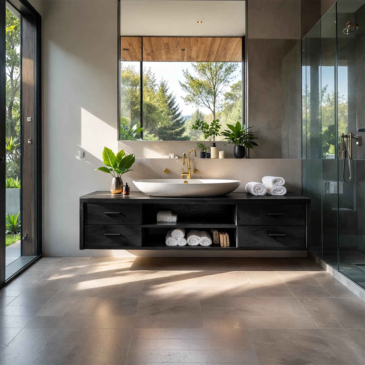 Elegant teak floating bathroom vanity with open storage