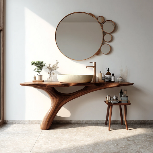 Modern bathroom with walnut wood bathroom vanity and stone vessel sink.