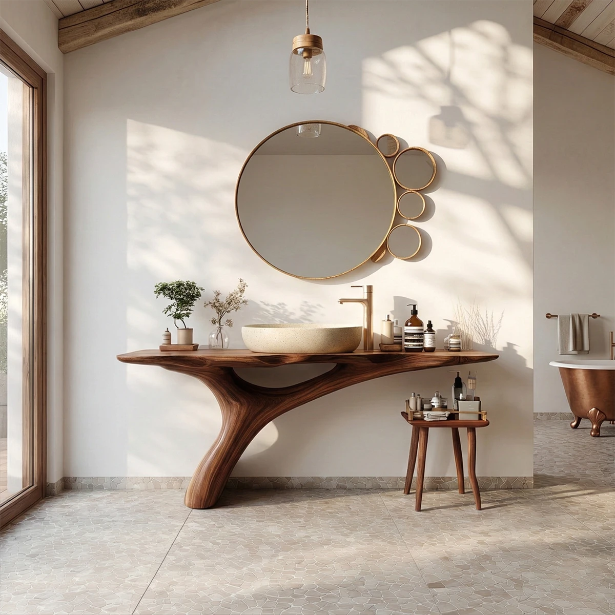 Elegant interior featuring solid walnut bathroom vanity with sculptural base.