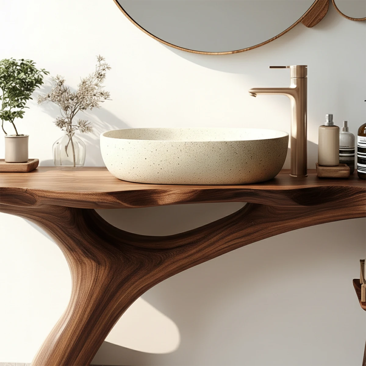 Minimal space with walnut bathroom vanity cabinet and round mirror.