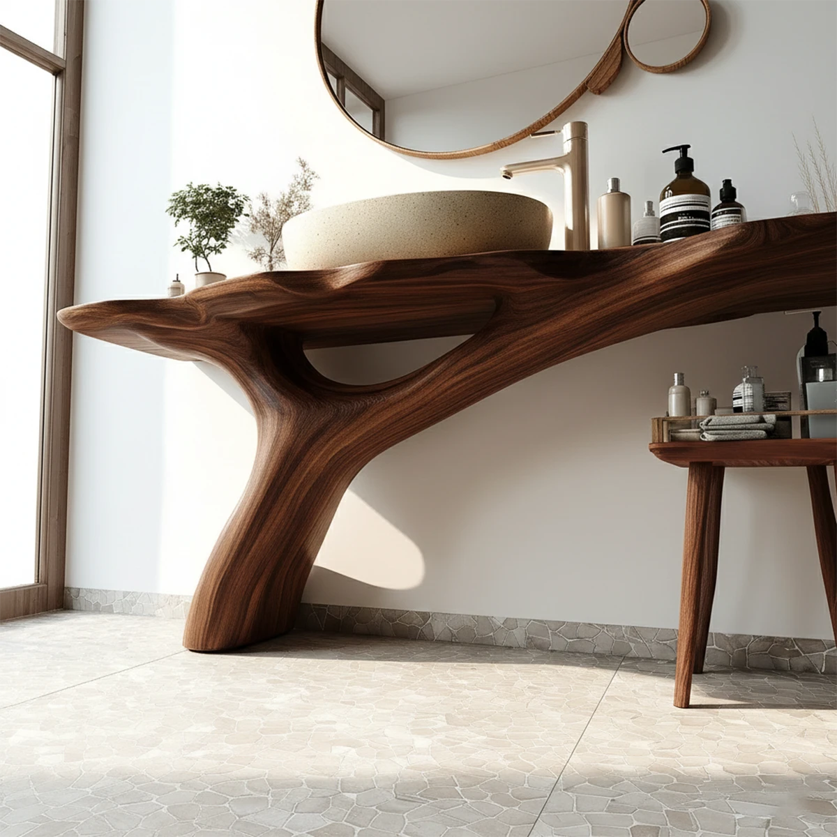 Contemporary bathroom with natural walnut sink vanity and decor.