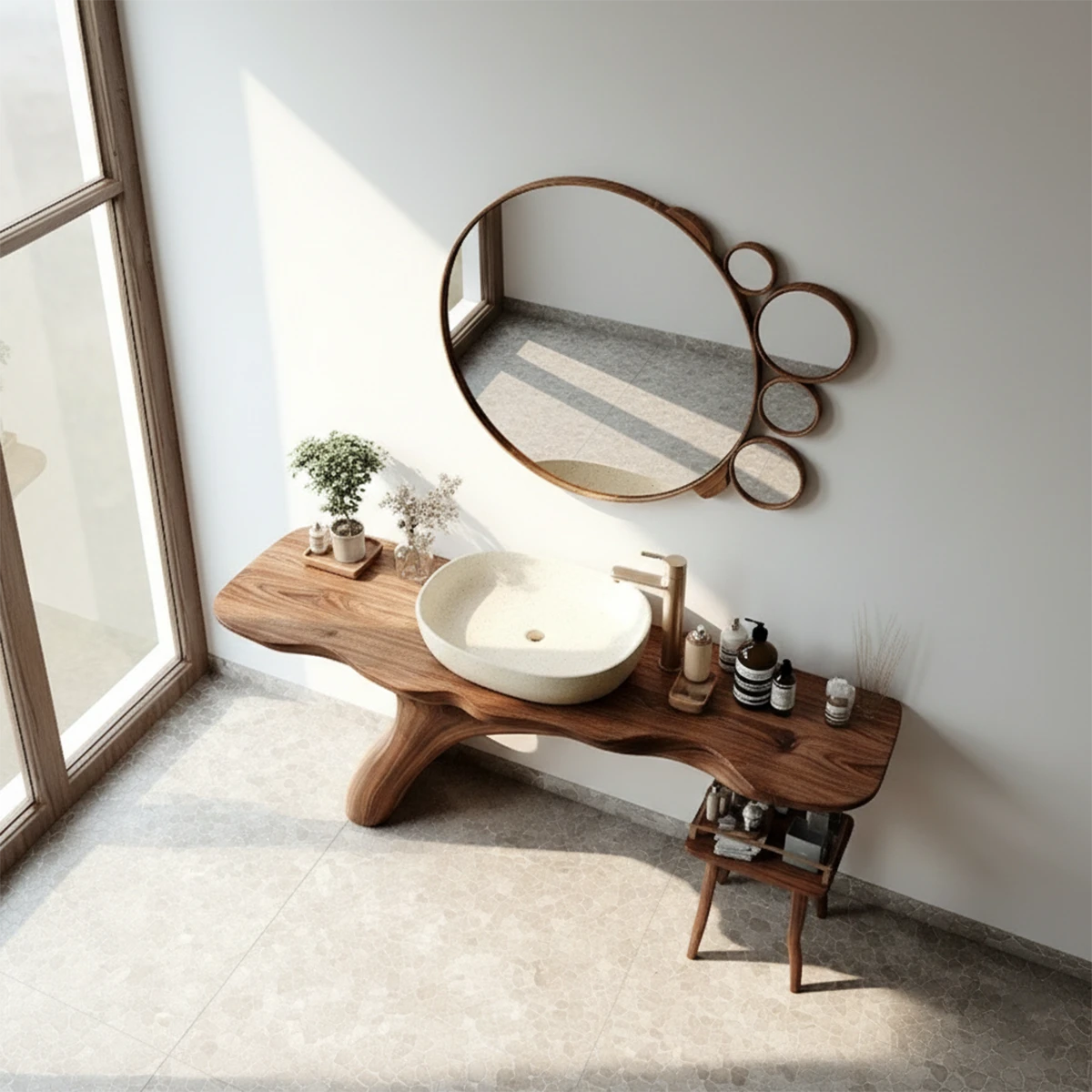 Warm interior design with modern walnut bathroom vanity and sunlight.