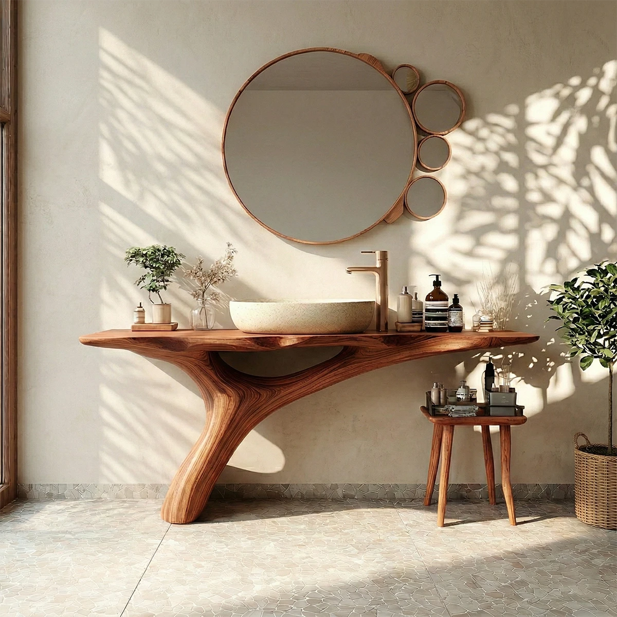 Stylish bathroom setup with walnut wooden vanity unit and vessel basin.