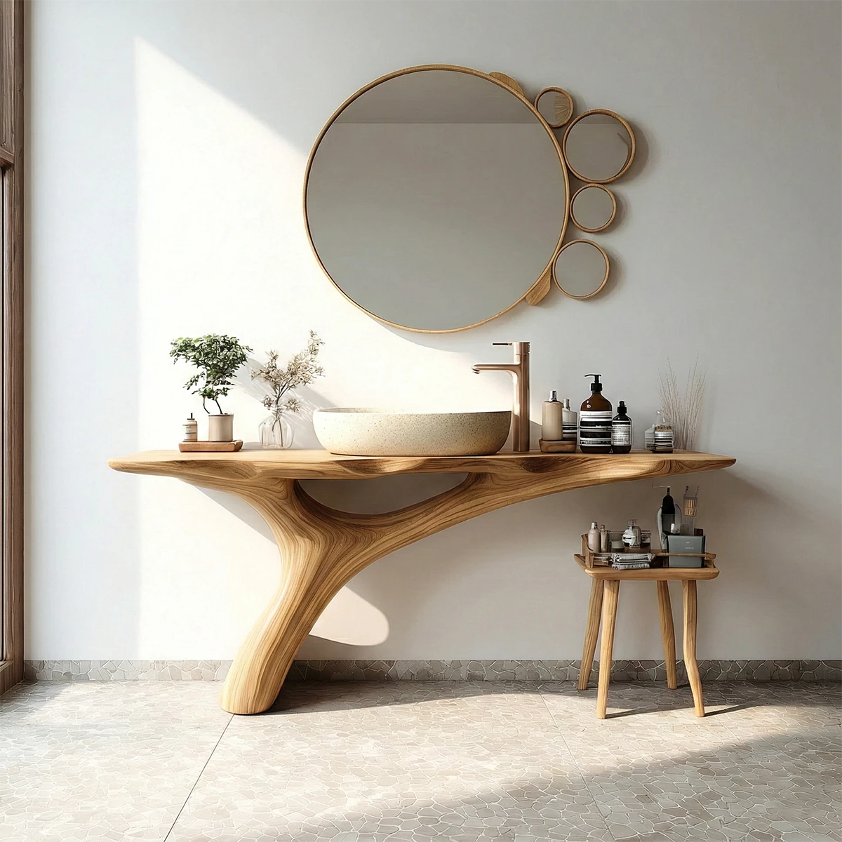 Luxury bathroom interior with designer walnut bathroom vanity.