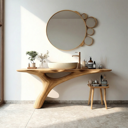 Luxury bathroom interior with designer walnut bathroom vanity.