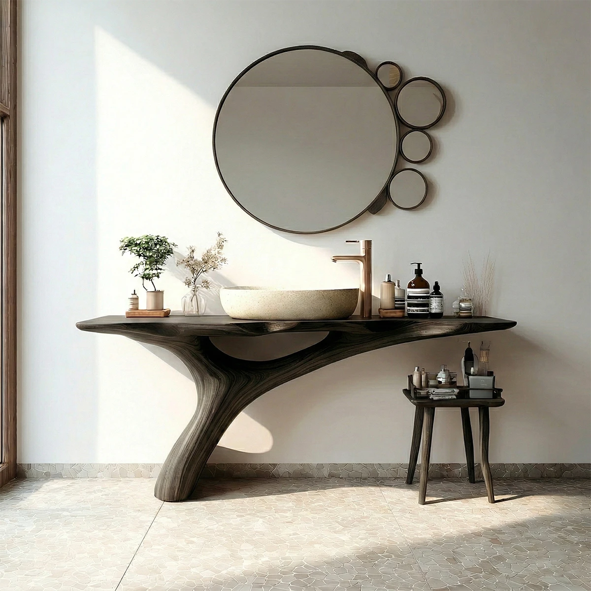 Natural style bathroom with walnut vanity table for bathroom.