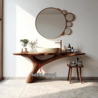Modern spa bathroom with solid walnut sink cabinet and organic design.