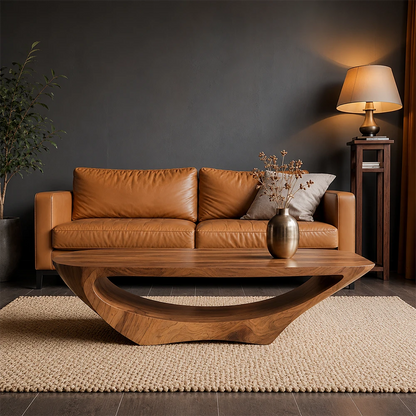 Brown leather sofa with a wooden coffee table in a living room setting.