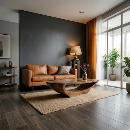 Coffee table in walnut tone with curved base design and rounded top in a bright contemporary interior