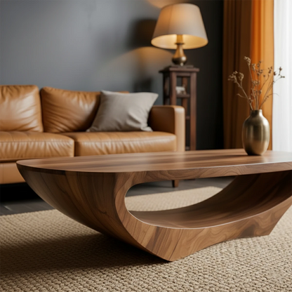 Contemporary coffee table with walnut tone and organic base shape in a calm and clean living room