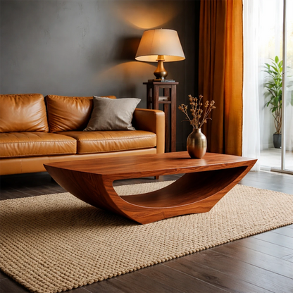 Coffee table with brown tone featuring curved edges and sculptural base in a modern living space