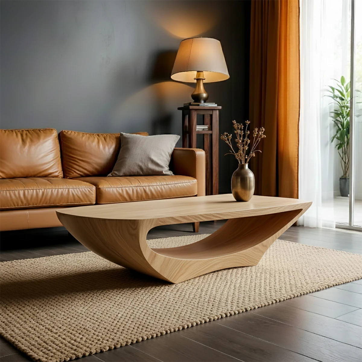 Modern coffee table in oak tone with organic silhouette and smooth top in a refined home interior