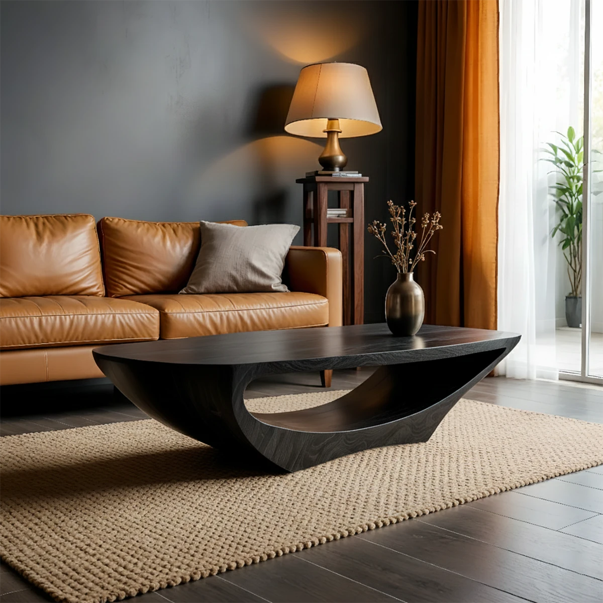 Black tone coffee table with fluid base design and balanced form in a minimalist styled living room