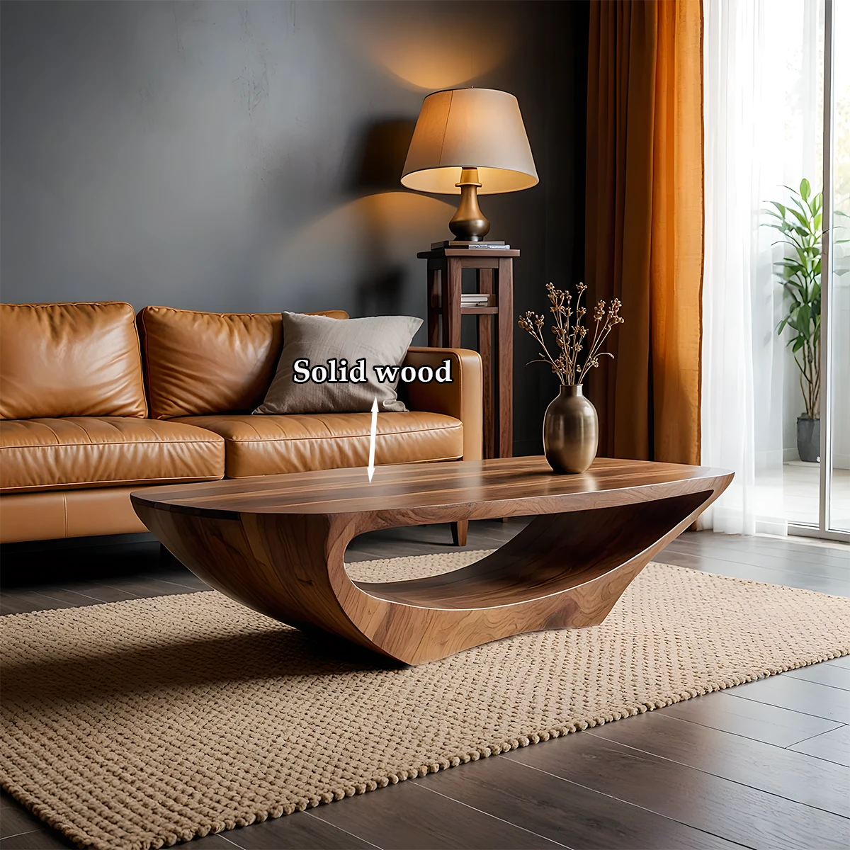 Coffee table in walnut tone with artistic base and rounded edges in a bright and clean interior space