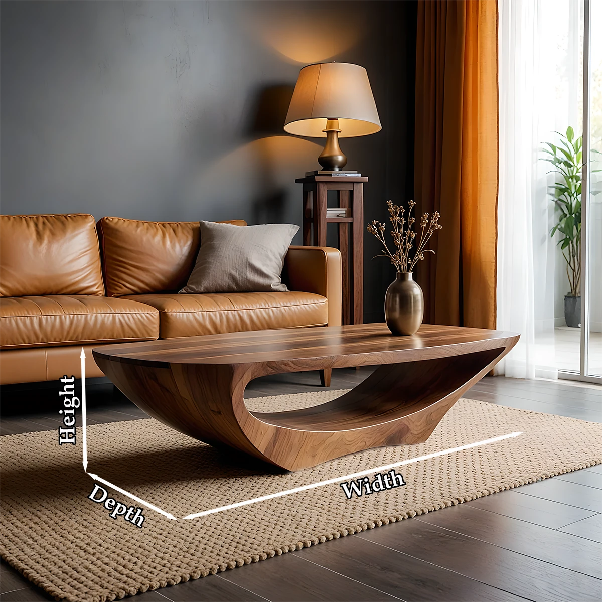 Walnut tone coffee table with curved base form and smooth surface in a contemporary living environment