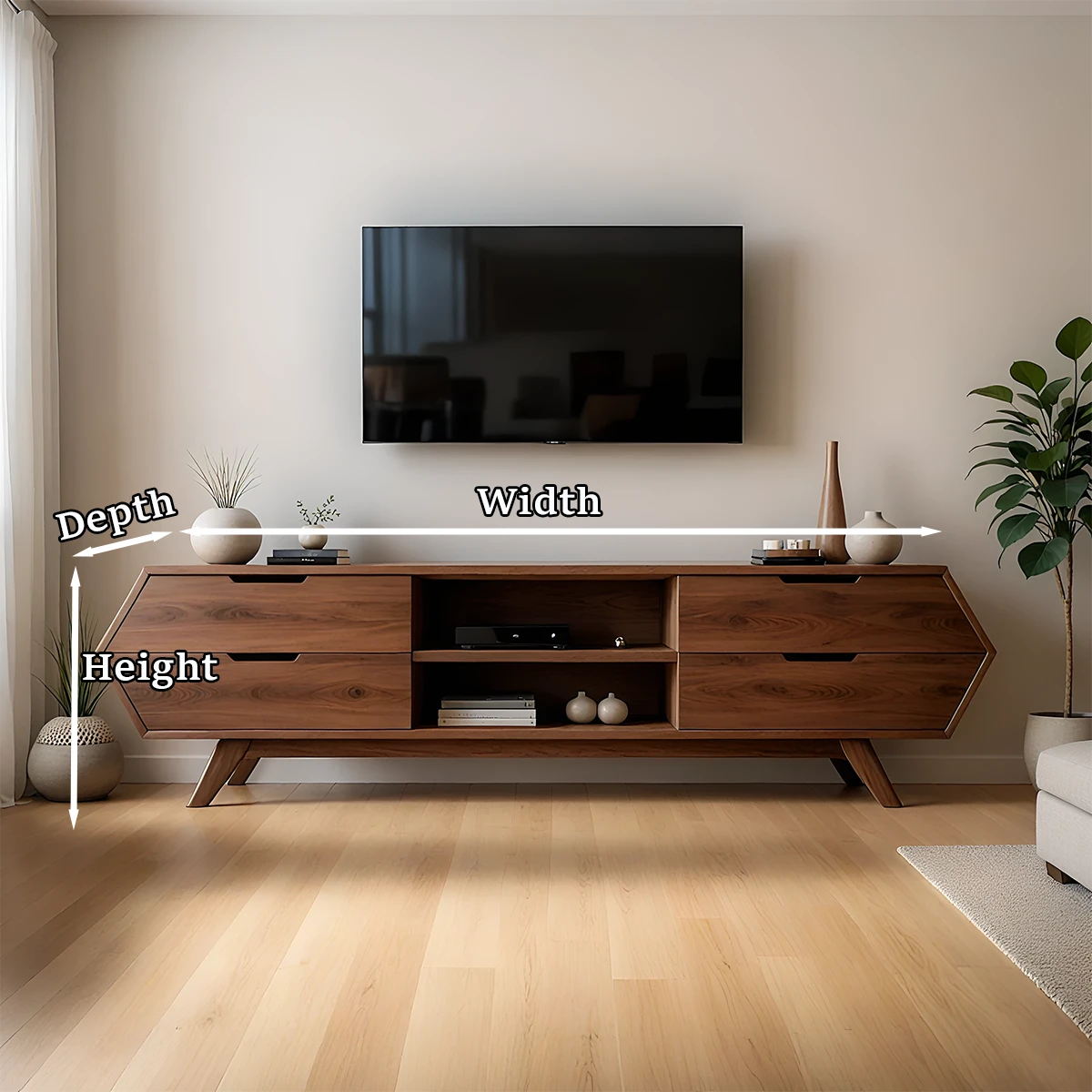 Walnut tone TV stand with sculptural front detail and refined form in a calm contemporary space