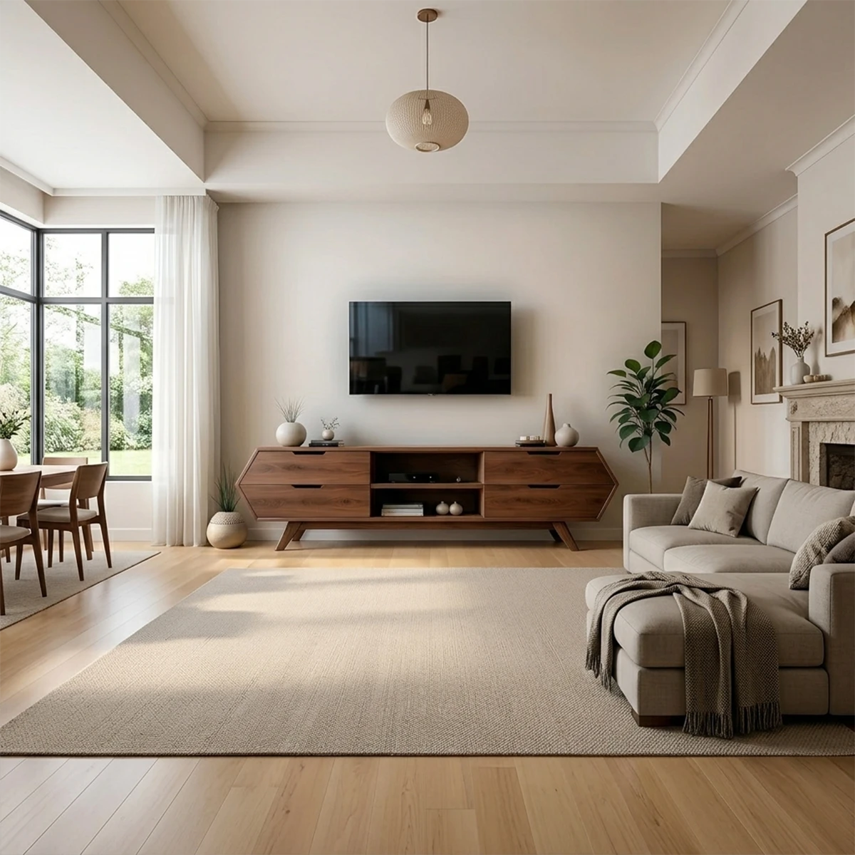 Modern TV stand in walnut tone with flowing grain pattern and low profile in a bright interior