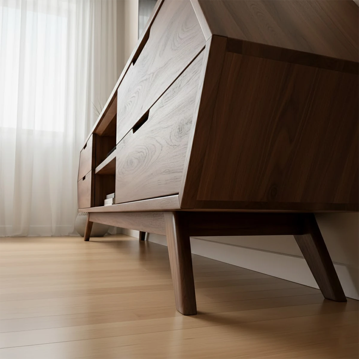 Walnut tone TV stand with smooth surface and subtle grain detail in a minimalist living space