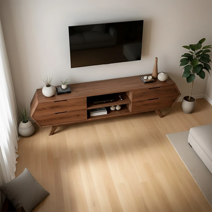 Walnut tone TV stand with seamless storage and organic grain texture in a modern room