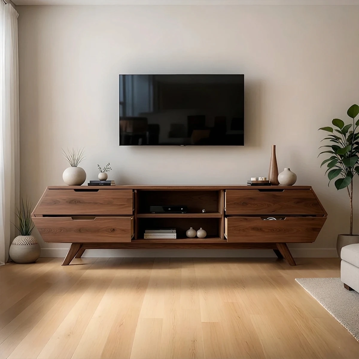 TV stand in walnut tone with clean silhouette and flowing grain pattern in a neutral interior