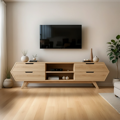 Modern TV stand with oak tone and natural grain texture in a warm interior setting