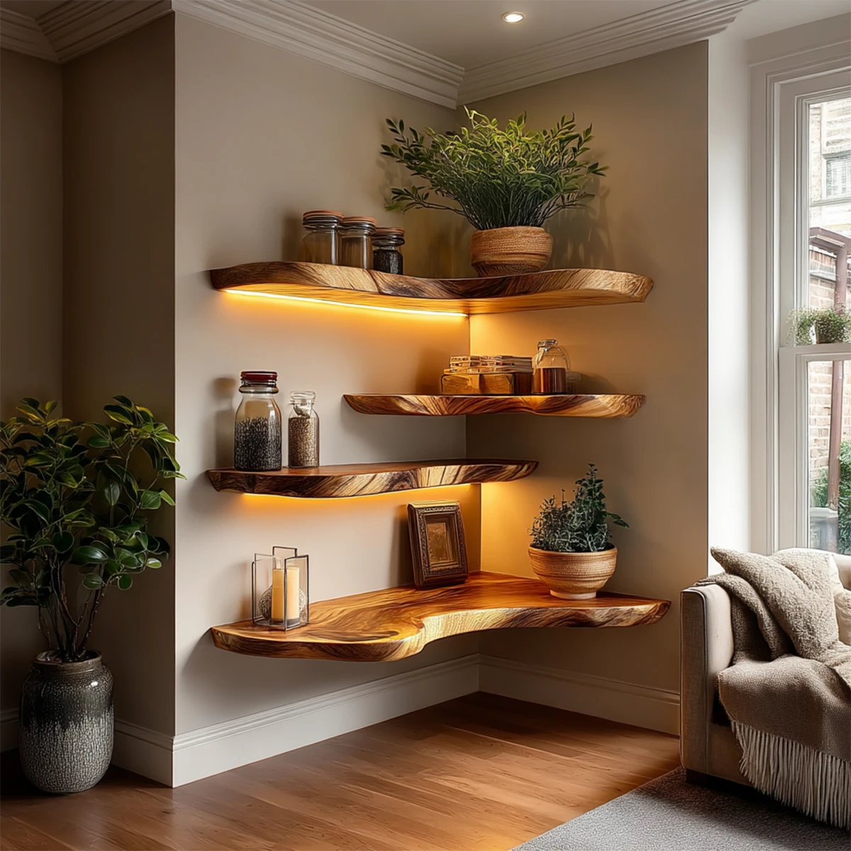 Corner floating shelves featuring live edge slab design and smooth oak tone finish wall mounted storage