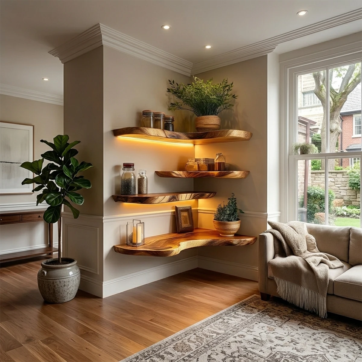 Modern corner wall shelves designed with natural slab styling and refined oak tone finish display