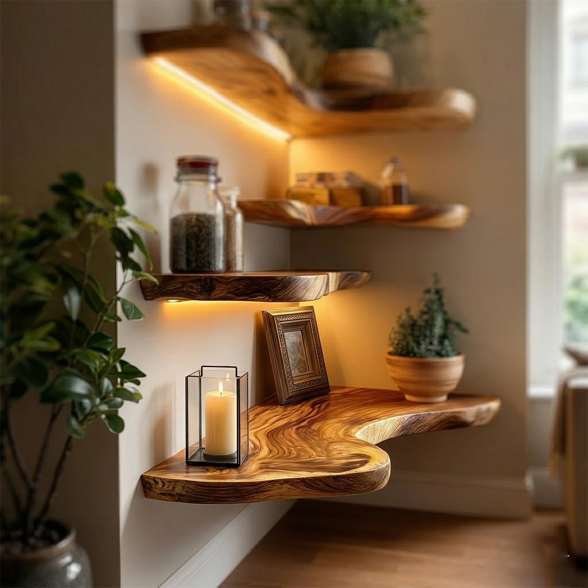 Contemporary floating corner shelves showcasing organic slab edges and warm oak tone finish