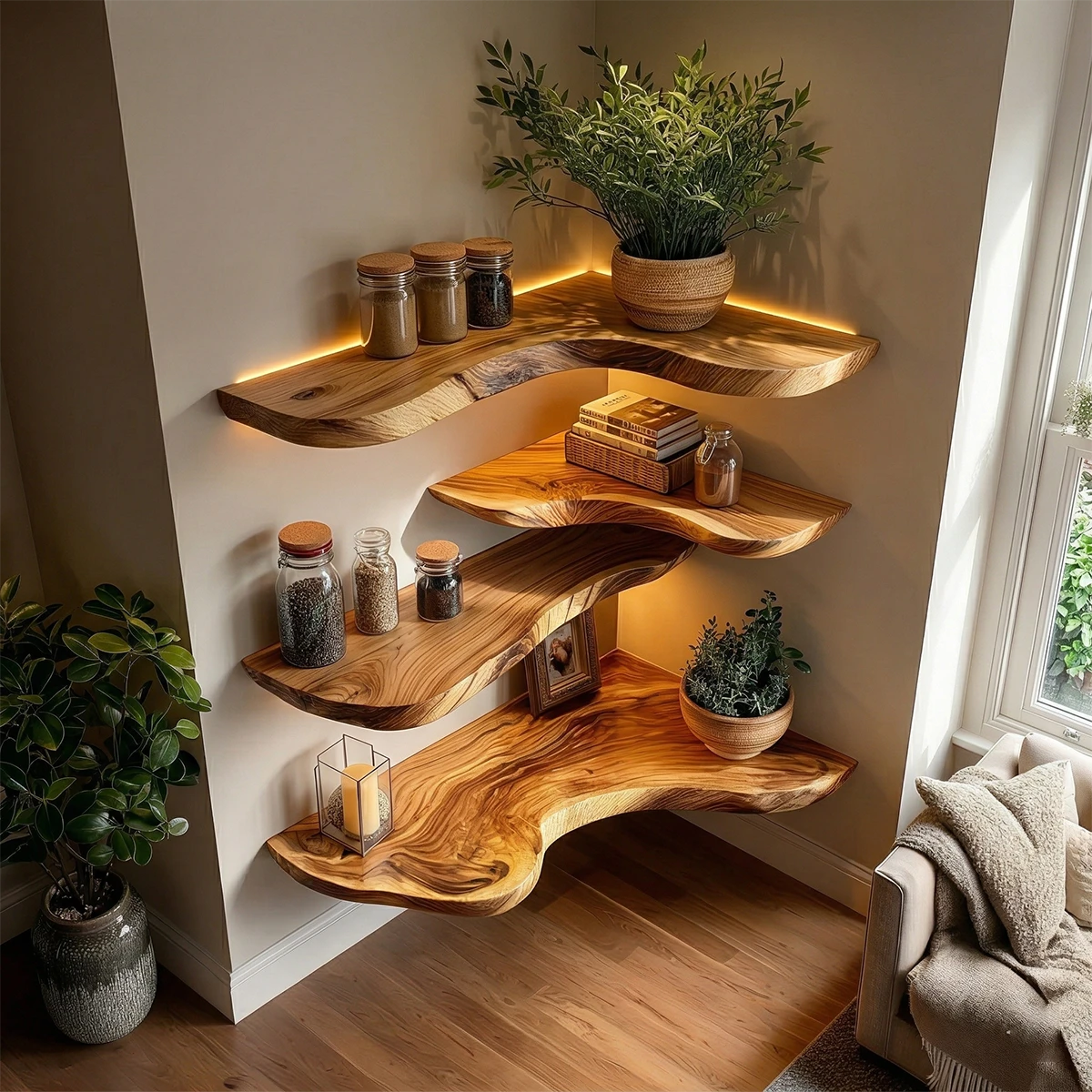 Minimalist corner shelving unit featuring natural slab contours and smooth oak tone finish