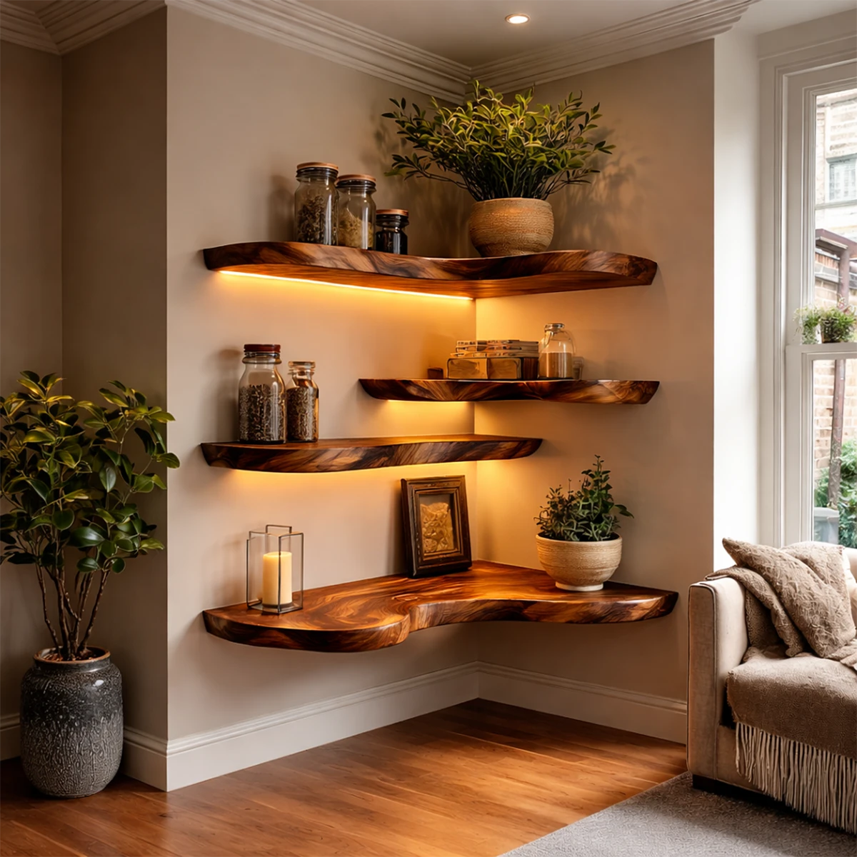 Decorative corner floating shelves designed with handcrafted slab detail and polished oak tone finish