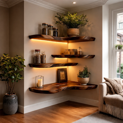 Functional wall corner shelves showcasing live edge styling and refined walnut tone finish storage