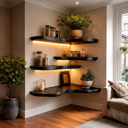 Japandi style corner floating shelves featuring organic slab form and smooth black tone finish