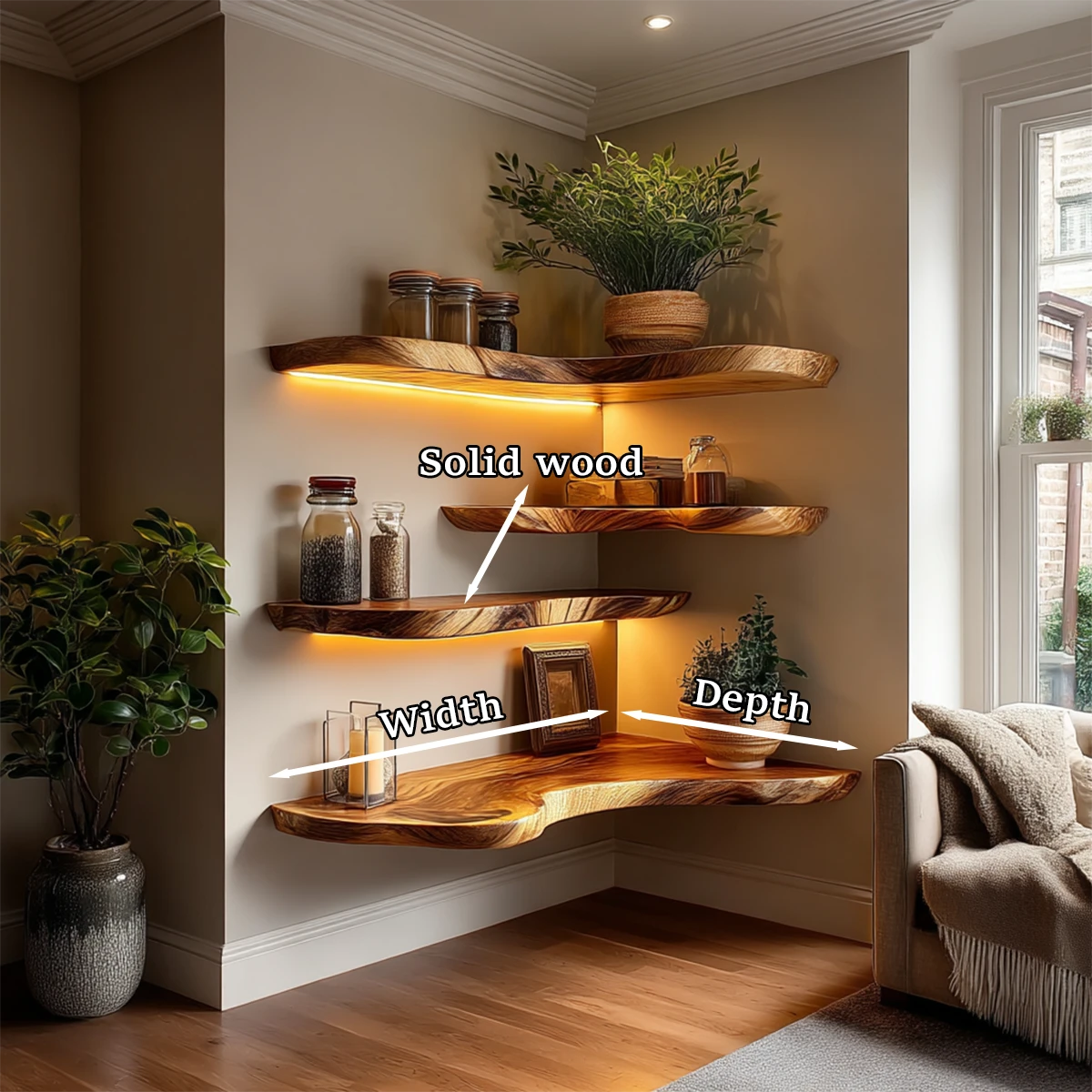Space saving corner shelving unit designed with natural slab profile and oak tone finish