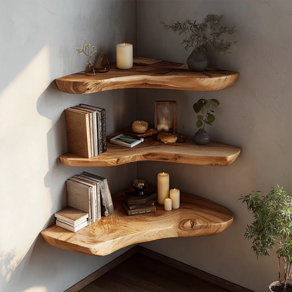 Corner floating shelves featuring natural live edge styling and smooth oak tone finish wall storage