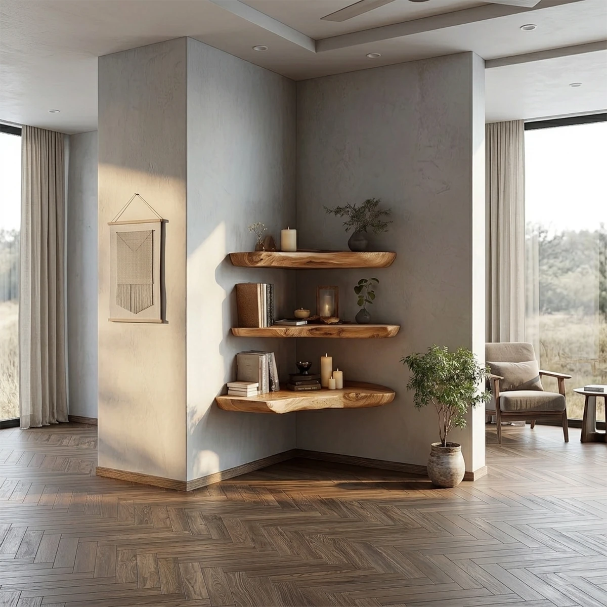 Modern corner wall shelves designed with organic slab surfaces and refined oak tone finish