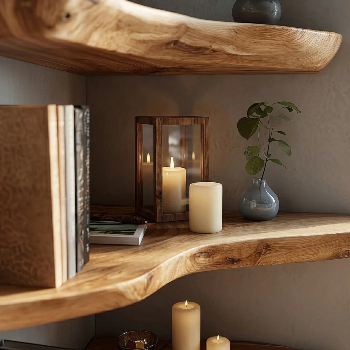 Contemporary floating corner shelves showcasing handcrafted slab detail and warm oak tone finish