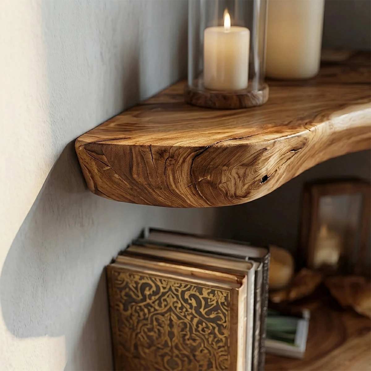 Minimalist corner shelving unit featuring natural slab contours and smooth oak tone finish