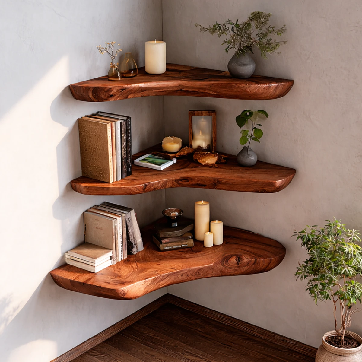 Decorative wall corner shelves designed with sculpted slab edges and polished brown tone finish