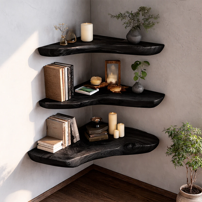 Japandi style corner floating shelves featuring natural slab profile and smooth black tone finish